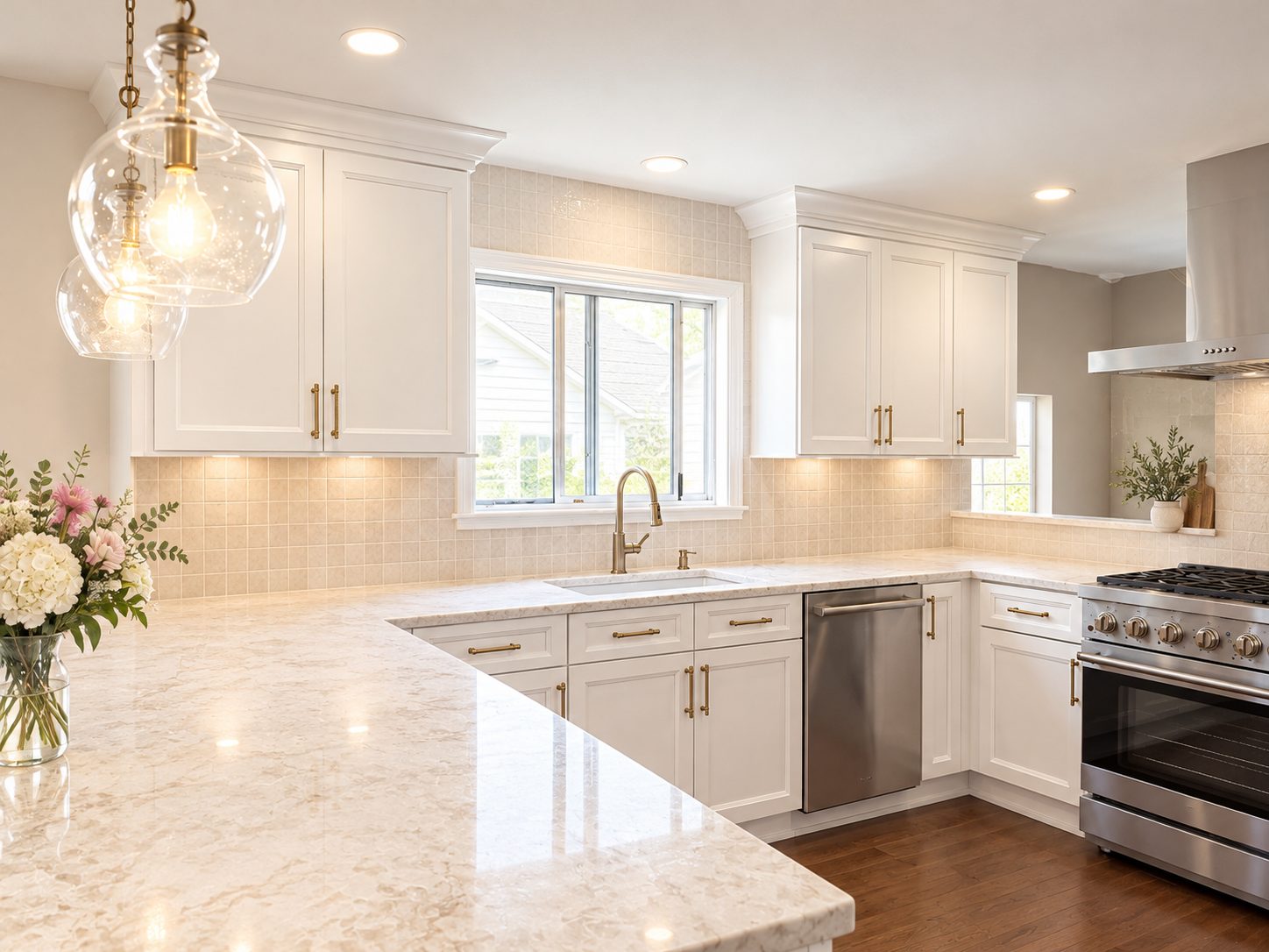 White shaker kitchen with a marble-look peninsula, glass pendant lights, brass hardware, tile backsplash and stainless range