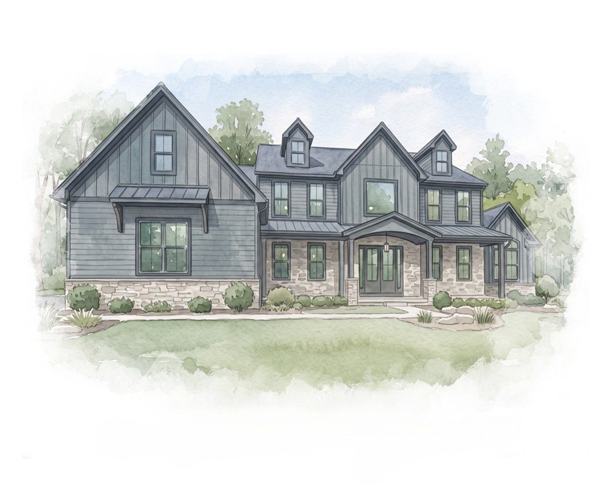 Watercolor of a slate-blue farmhouse with stone base, standing-seam porch roof and double front doors