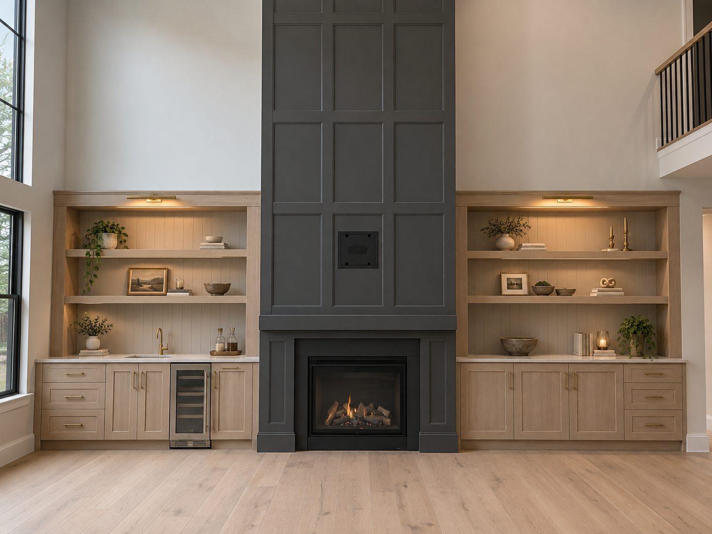 Two-story living room with a tall charcoal paneled fireplace flanked by light oak built-in shelves and a wine fridge