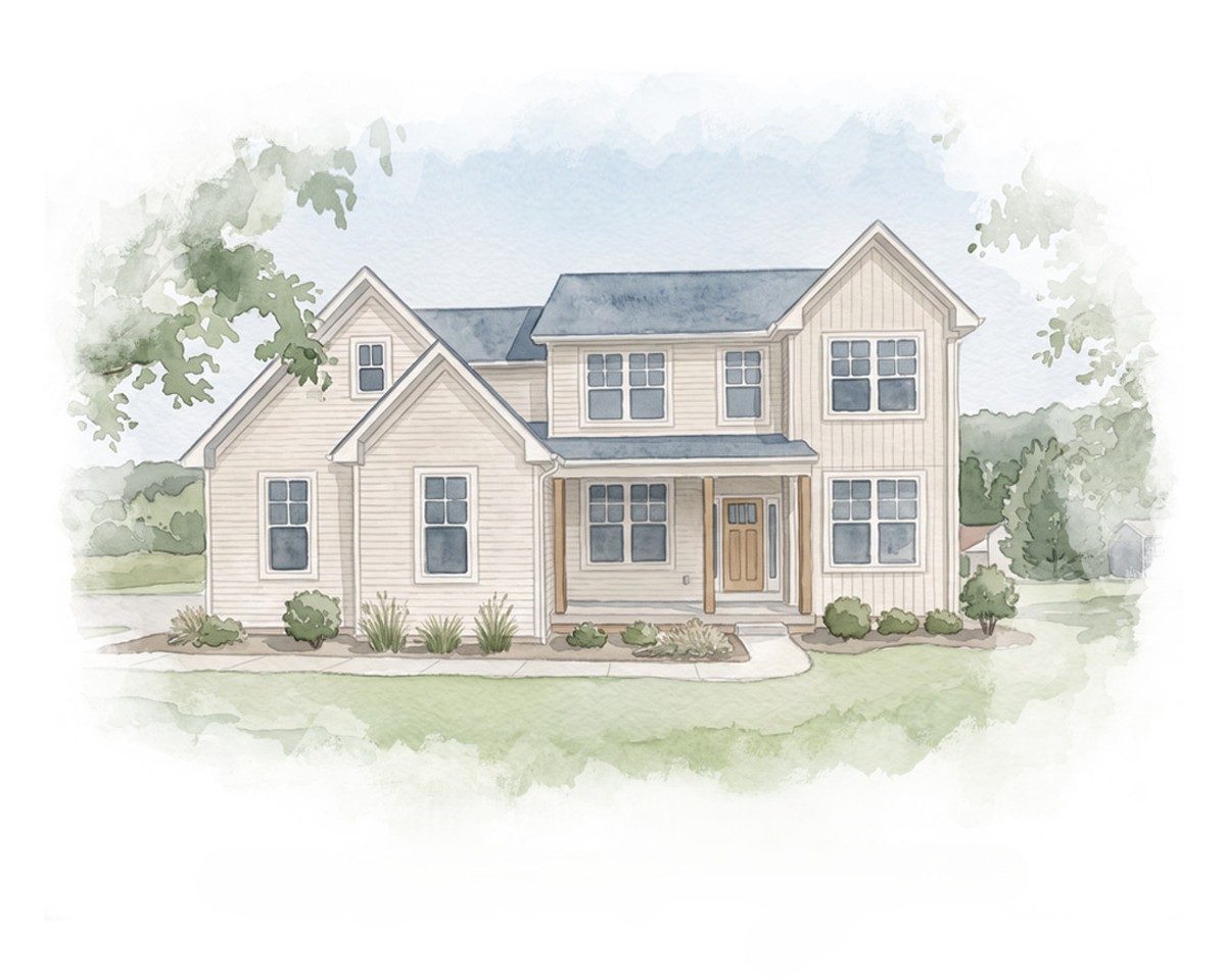 Watercolor of a tan two-story home with a covered porch, wood columns and a wood front door