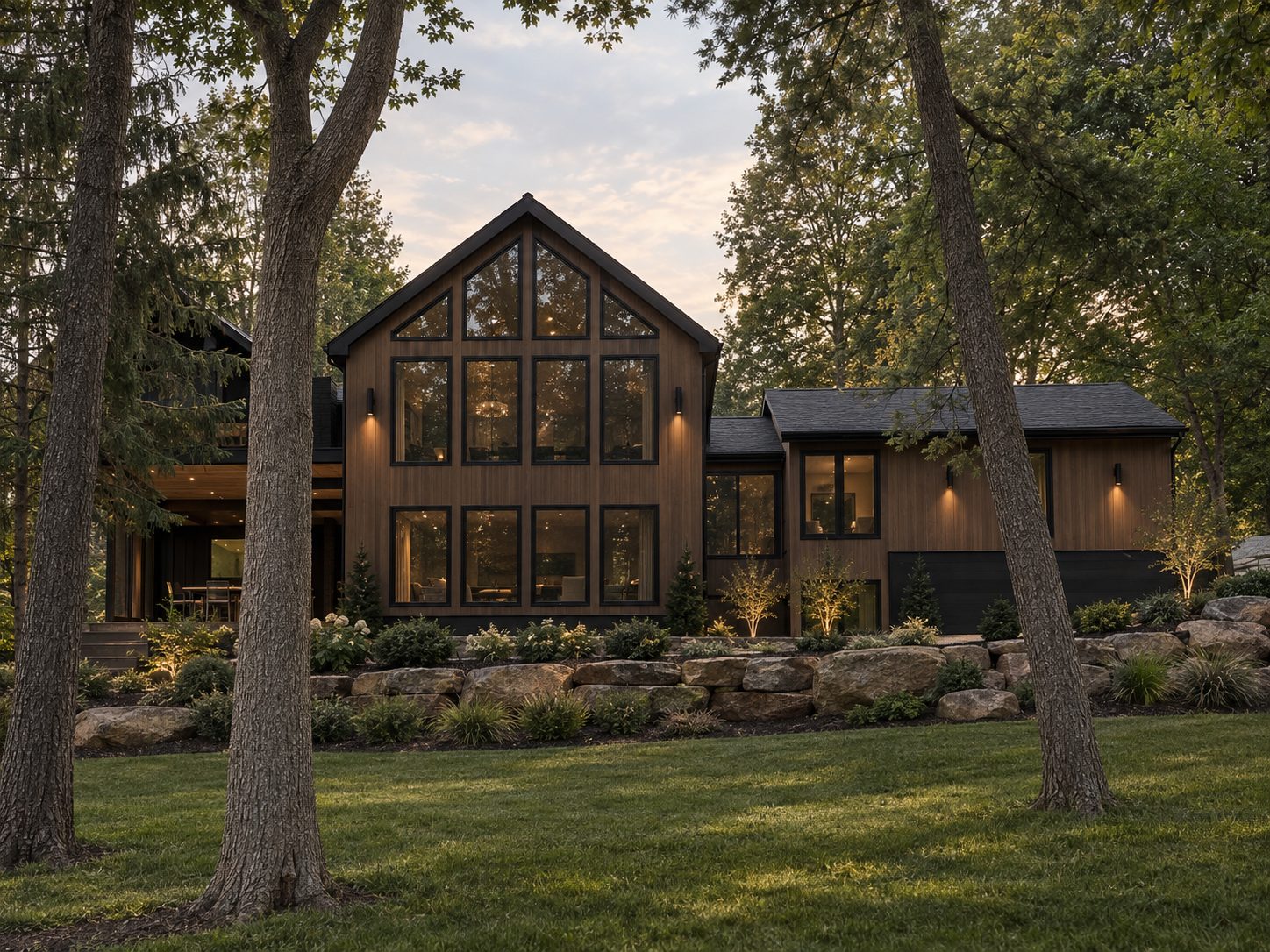 Modern home with warm wood siding, a tall gabled glass front and black roof, lit at dusk among trees with a boulder retaining wall