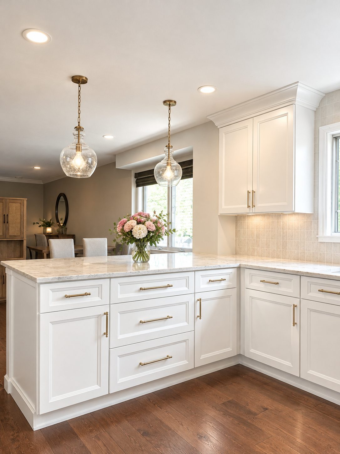 Kitchen peninsula with white cabinetry, brass bar pulls, glass pendants and a bouquet, open to the dining area