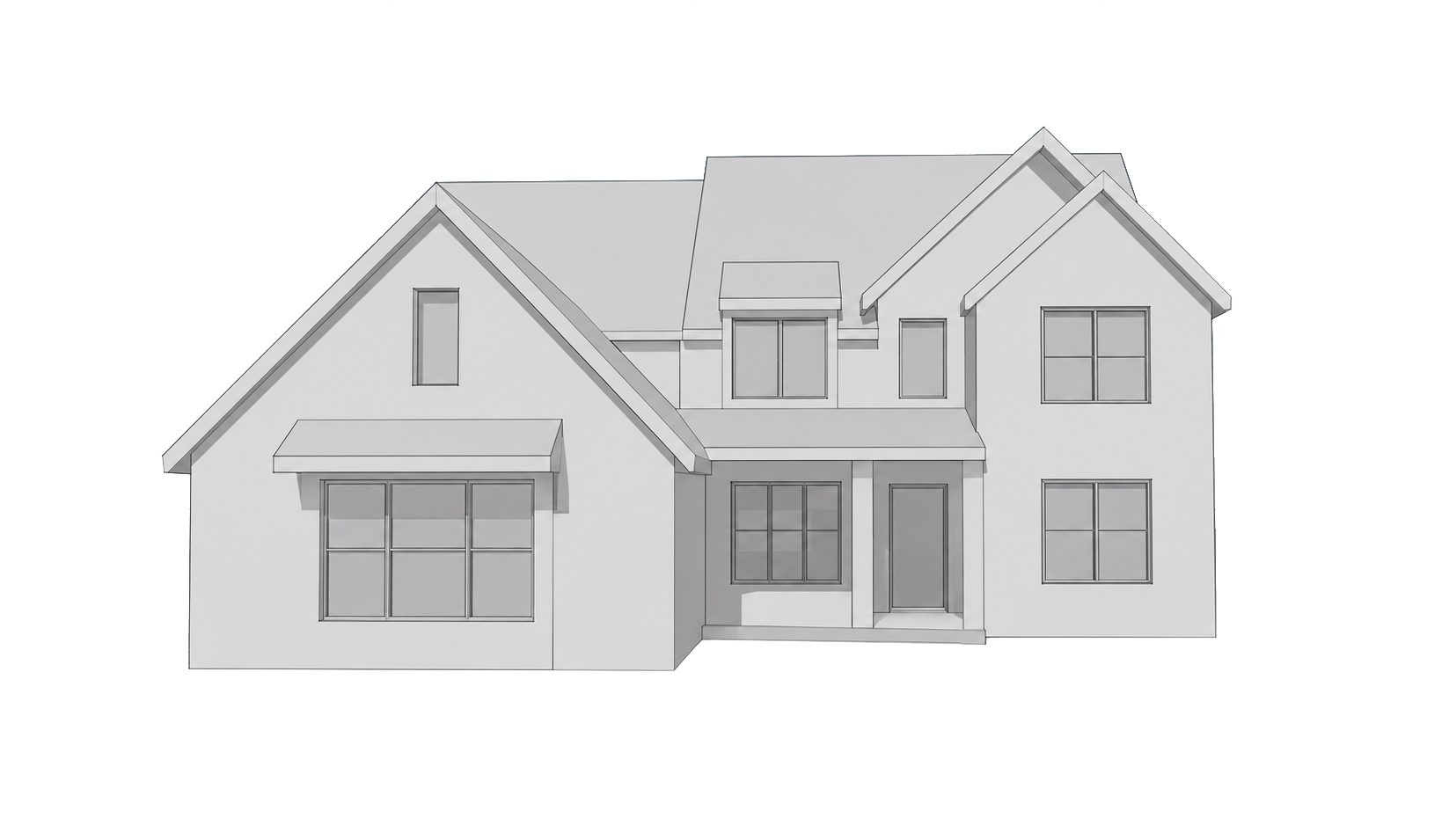 Massing model of a two-story home in plain gray, showing gabled rooflines, a front porch and the overall proportions of the house