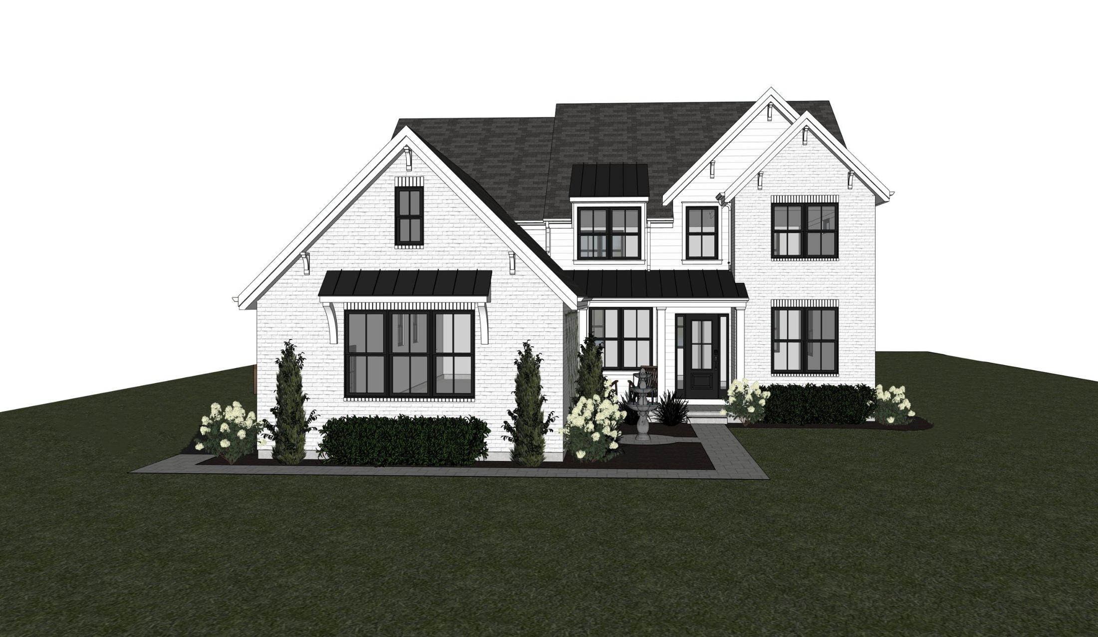 Detailed illustration of a two-story white brick home with black windows, black metal roof accents, gabled rooflines and landscaped front garden with a fountain