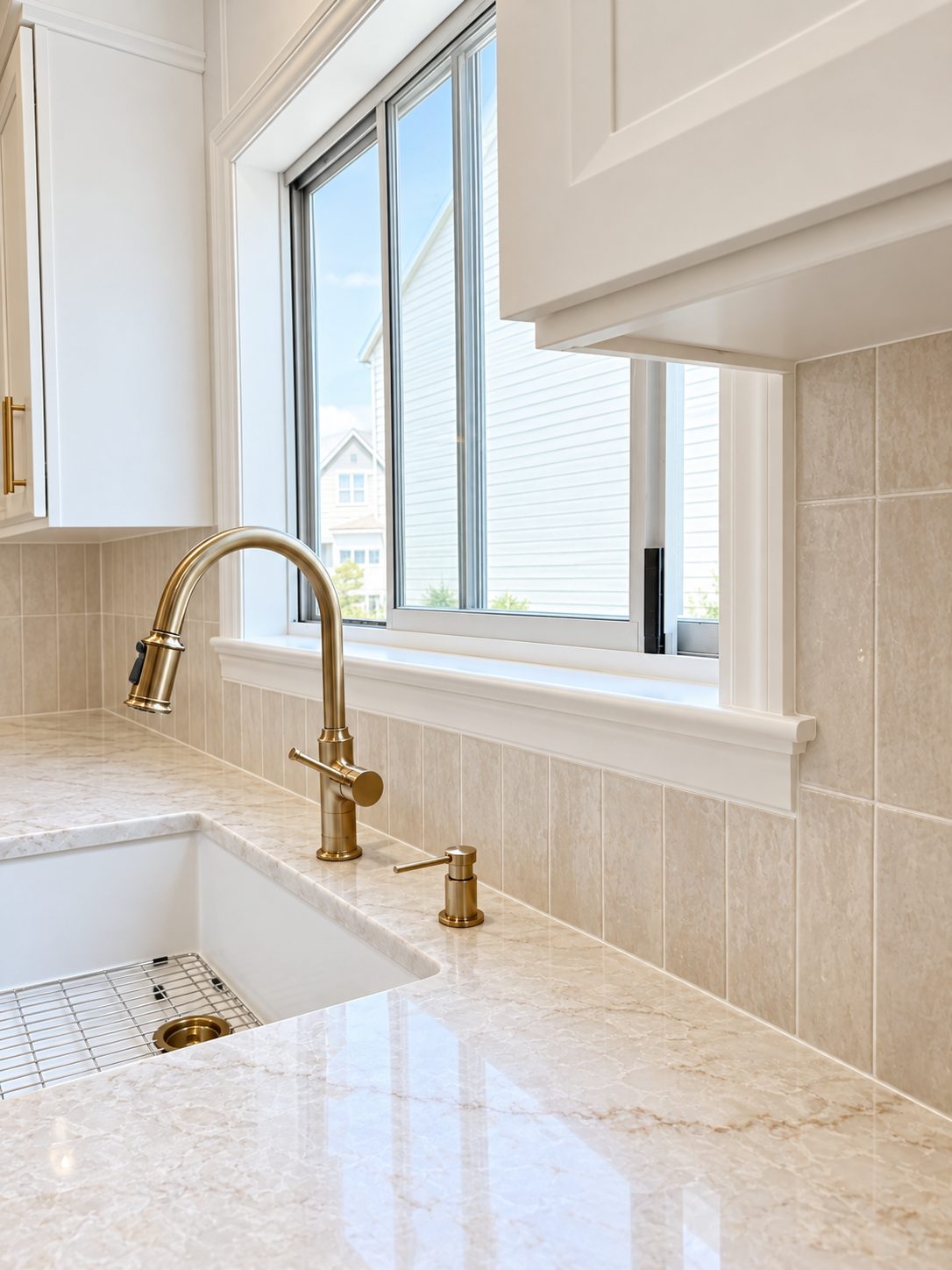 Brass pull-down faucet and soap dispenser at an undermount sink beneath a window, with tile backsplash and light stone countertop