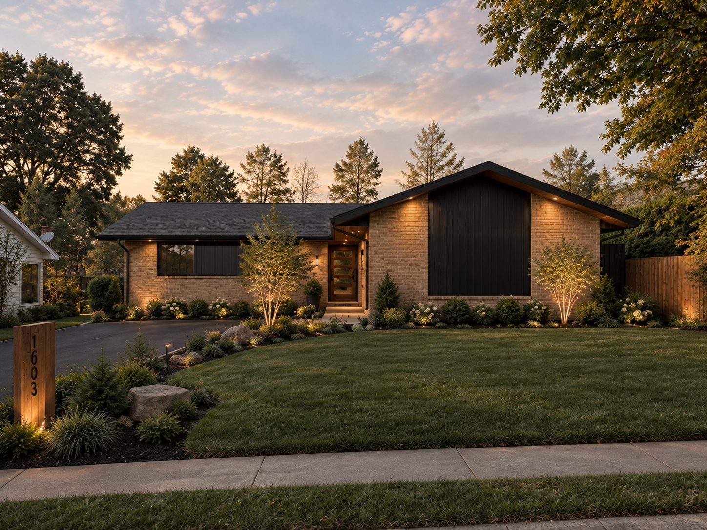 Mid-century ramble at dusk: tan brick with black board-and-batten gable, wood front door, landscape lighting and a vertical wood house-number post