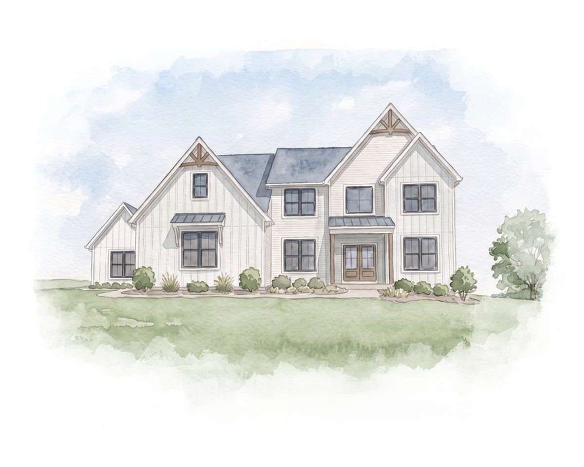 Watercolor of a white modern farmhouse with black windows, a metal awning and a blue sky