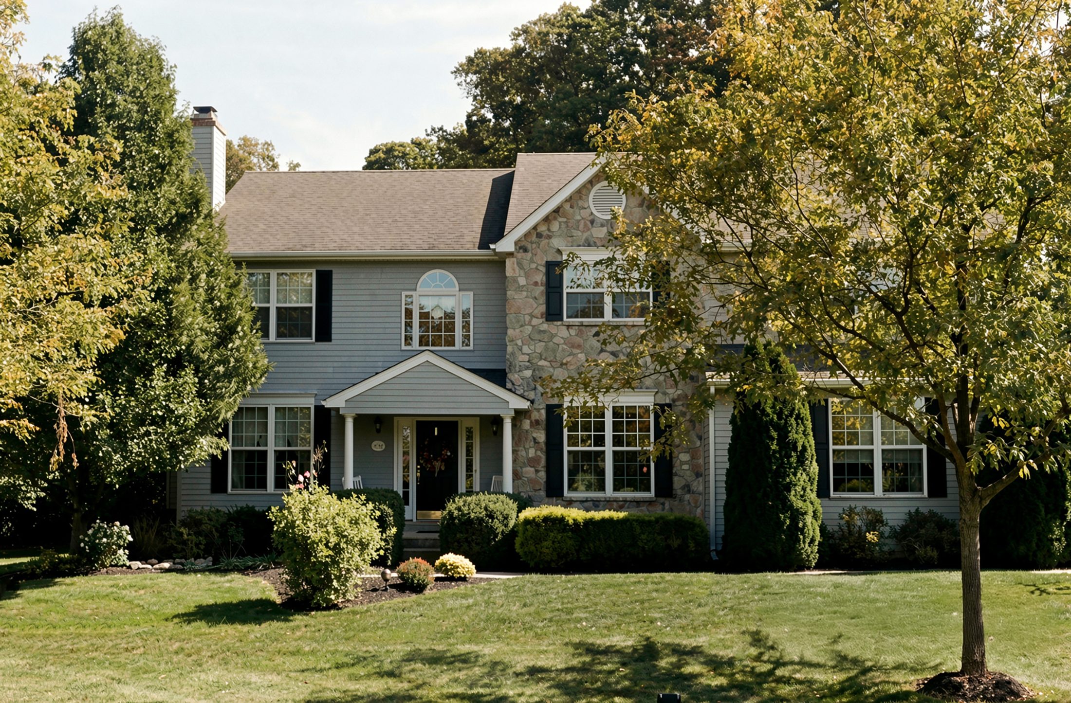 The same home before the addition: gray siding and stone, a small gabled entry and no porch