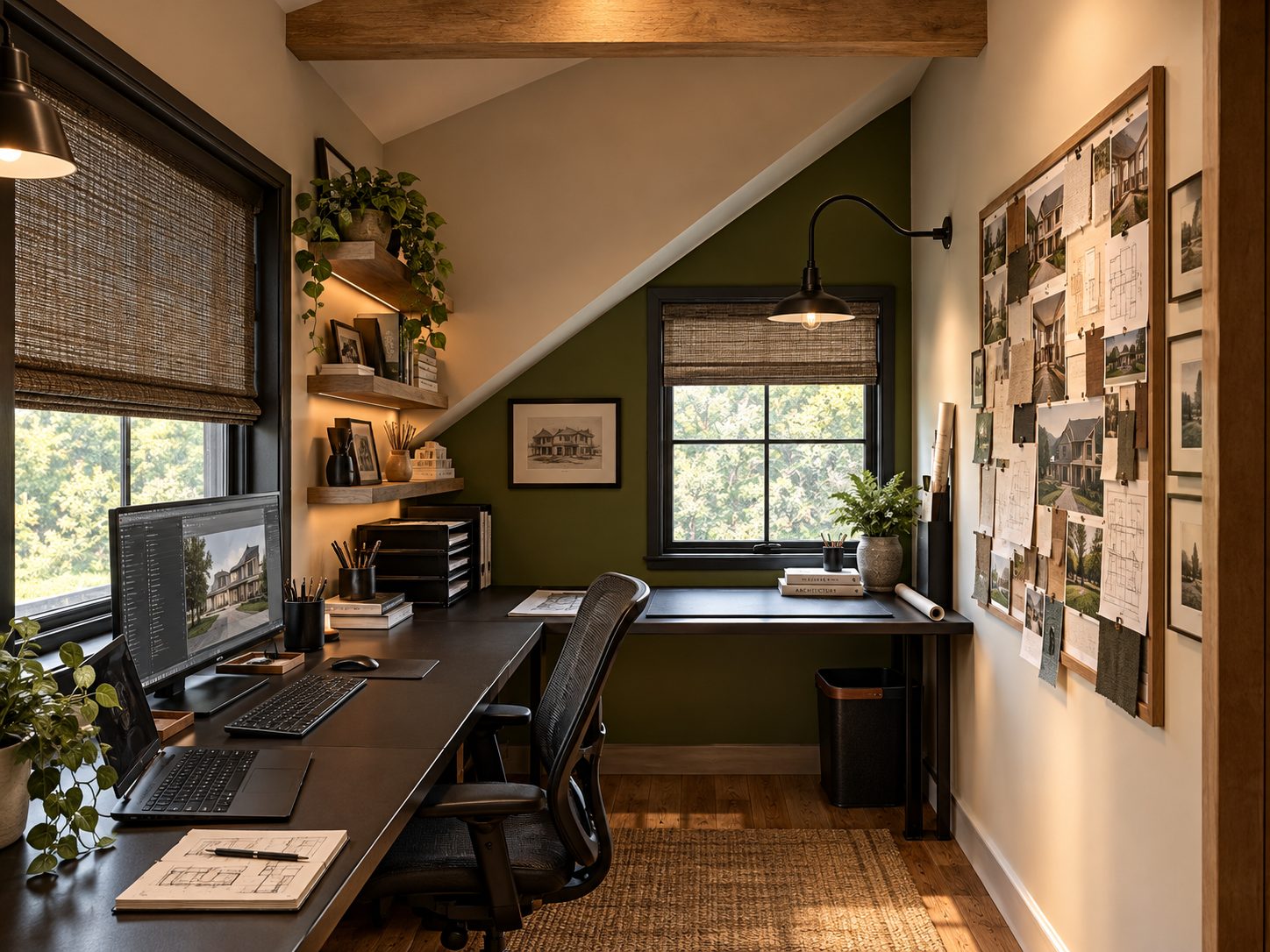 The Blake Hurst Architectural Design studio: a drafting desk with sketches, a pinboard of project photos and plans, and an olive green accent wall