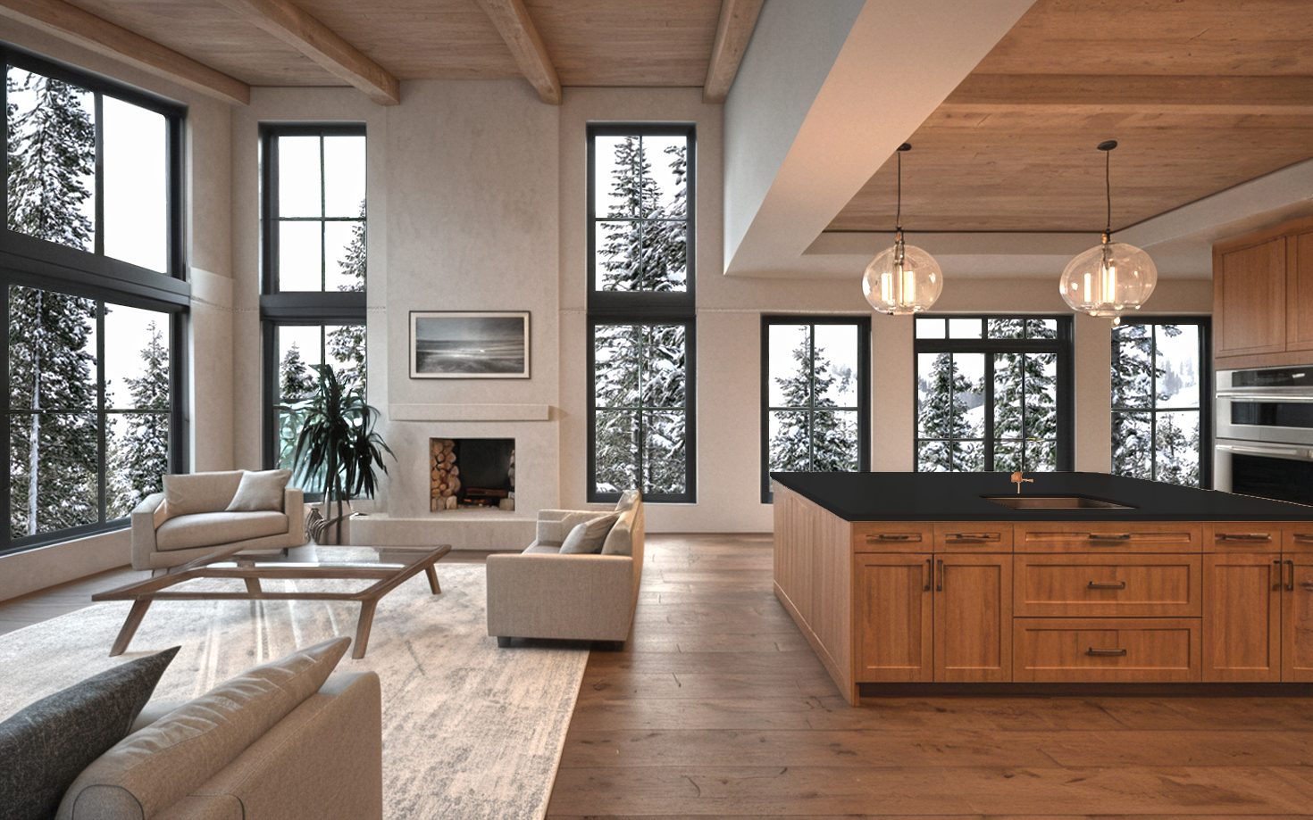 Open living room and kitchen with a cedar beamed ceiling, tall black-framed windows onto snowy evergreens, a plaster fireplace and a wood island