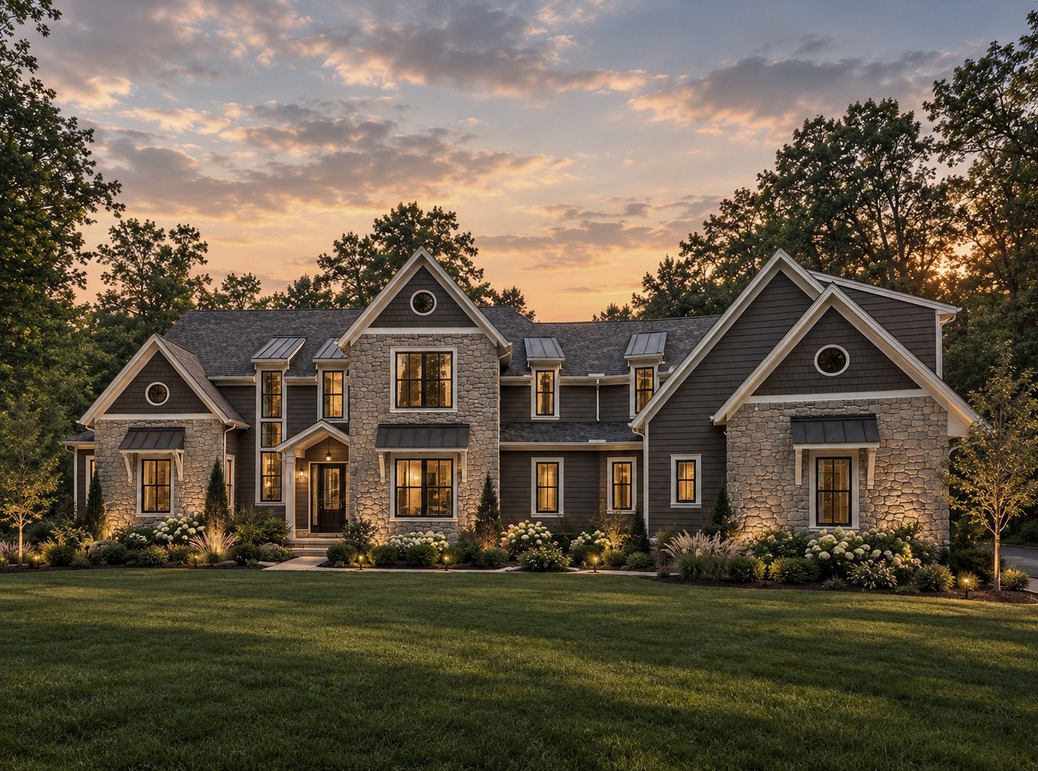 Stone and shingle-sided home at sunset with lit windows