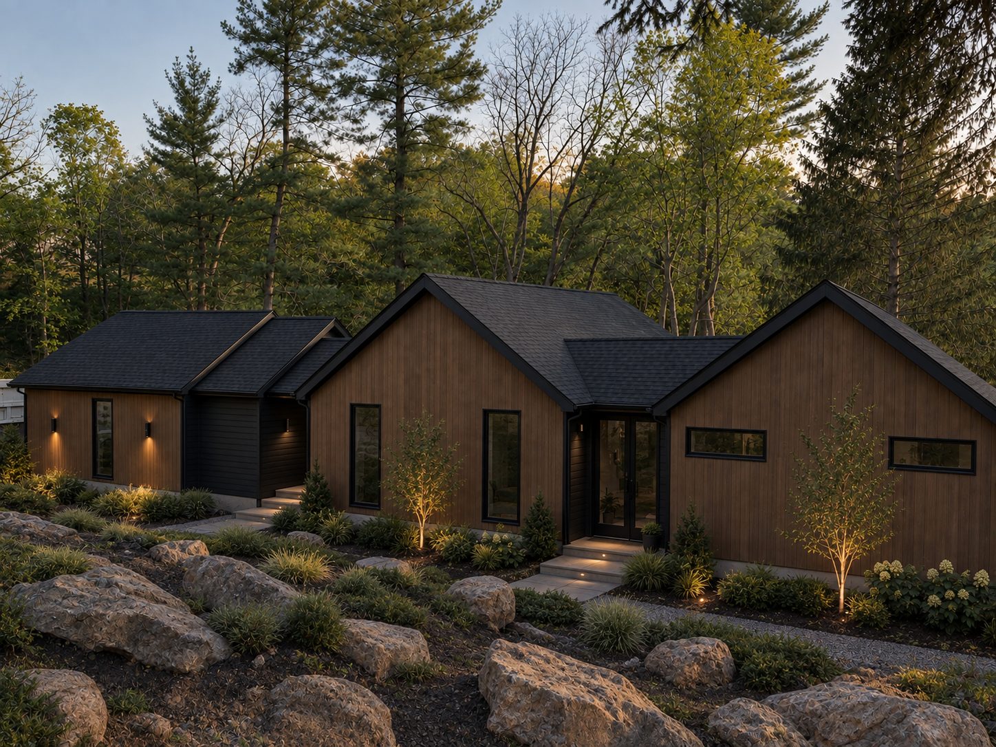 Modern home with warm wood siding and black roof, set among pines at dusk
