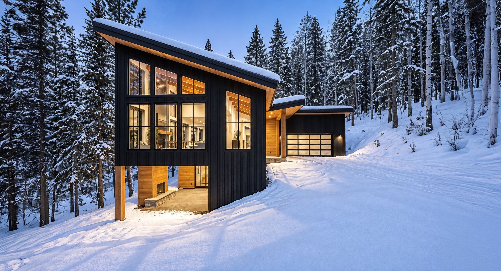Modern home with dark vertical siding, a sloped roof and large lit windows in a snowy evergreen forest