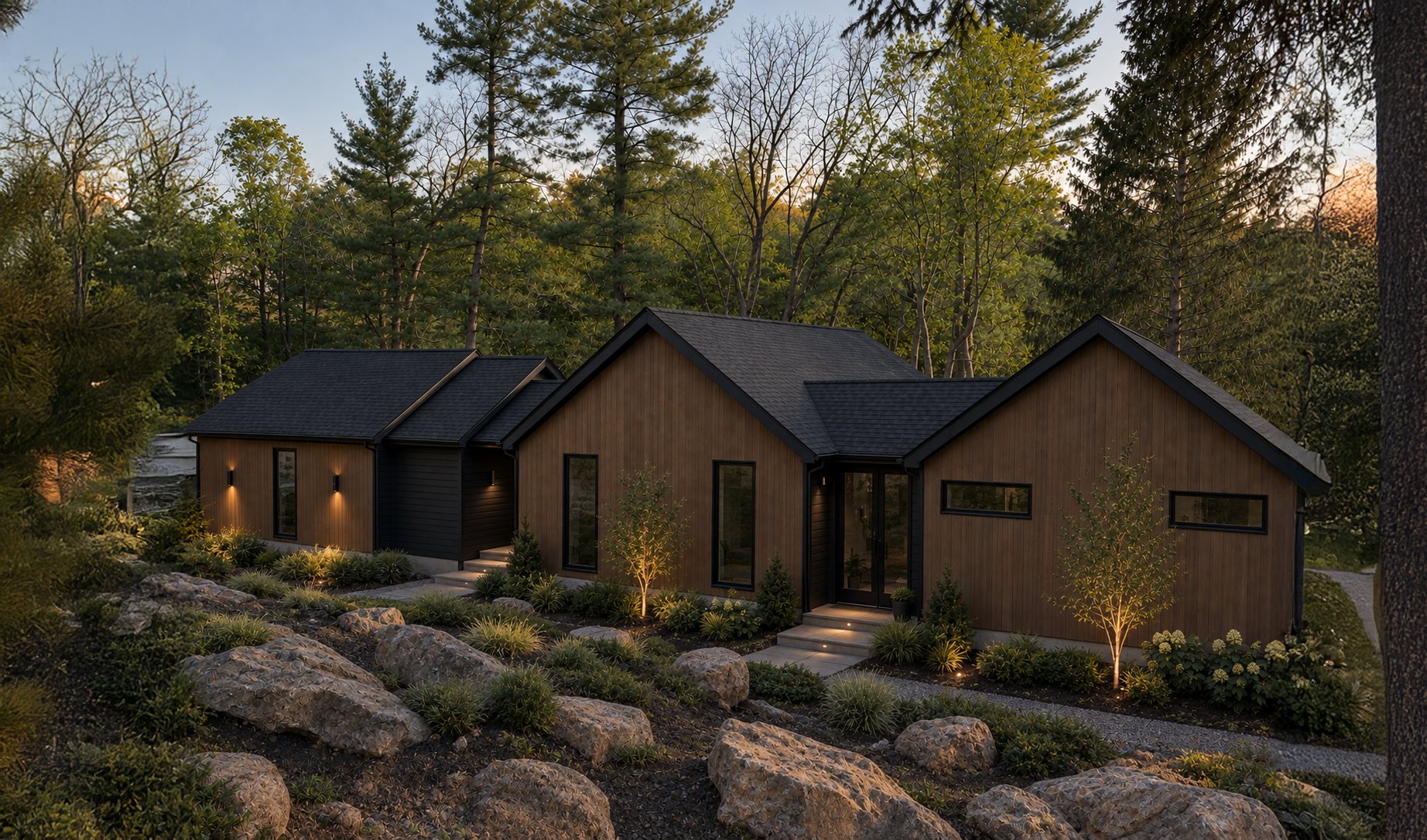 Modern single-story home with warm wood siding and black roof, set among trees and boulders at dusk