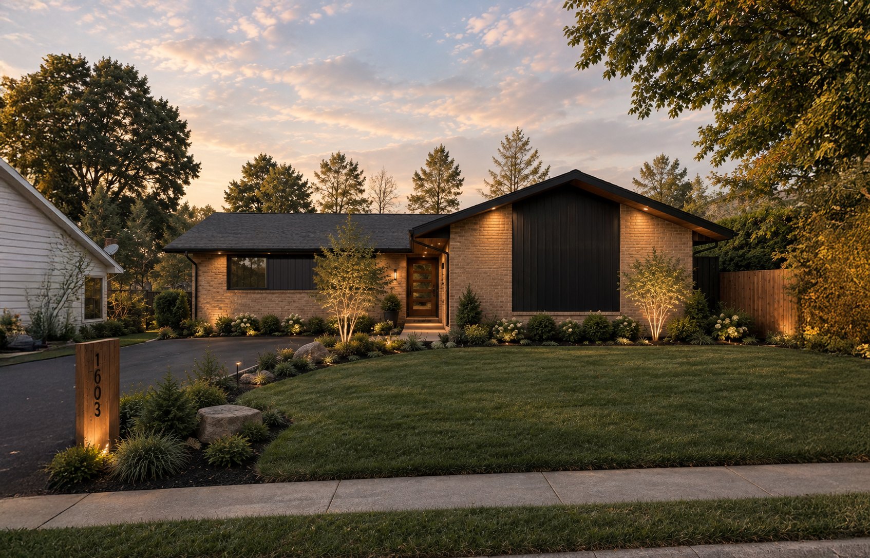 Single-story brick home with black vertical siding and a wood front door, lit landscaping at dusk